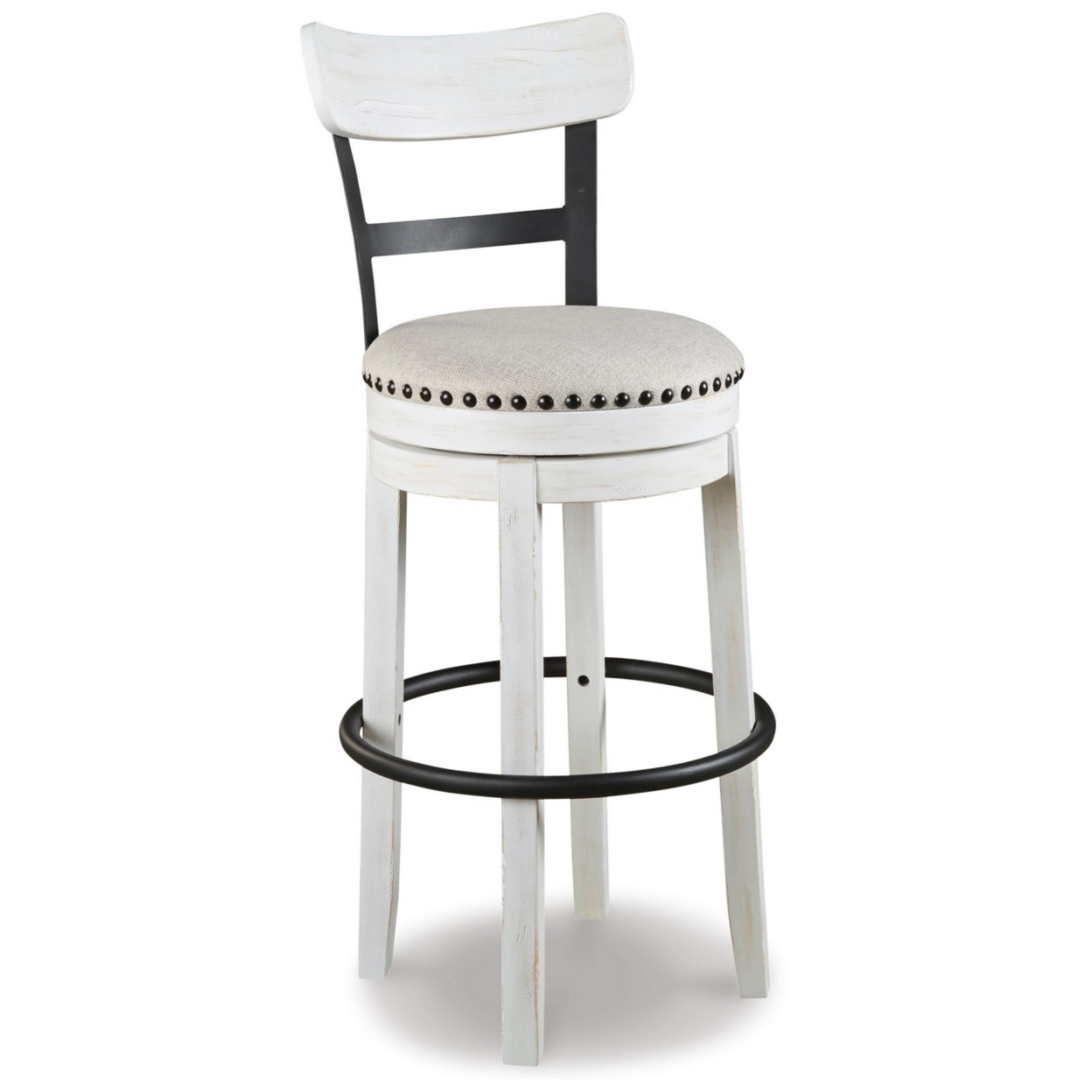 Zane 30 Inch Swivel Barstool, Round Cushioned Seat, Crisp White Wood Frame- Saltoro Sherpi