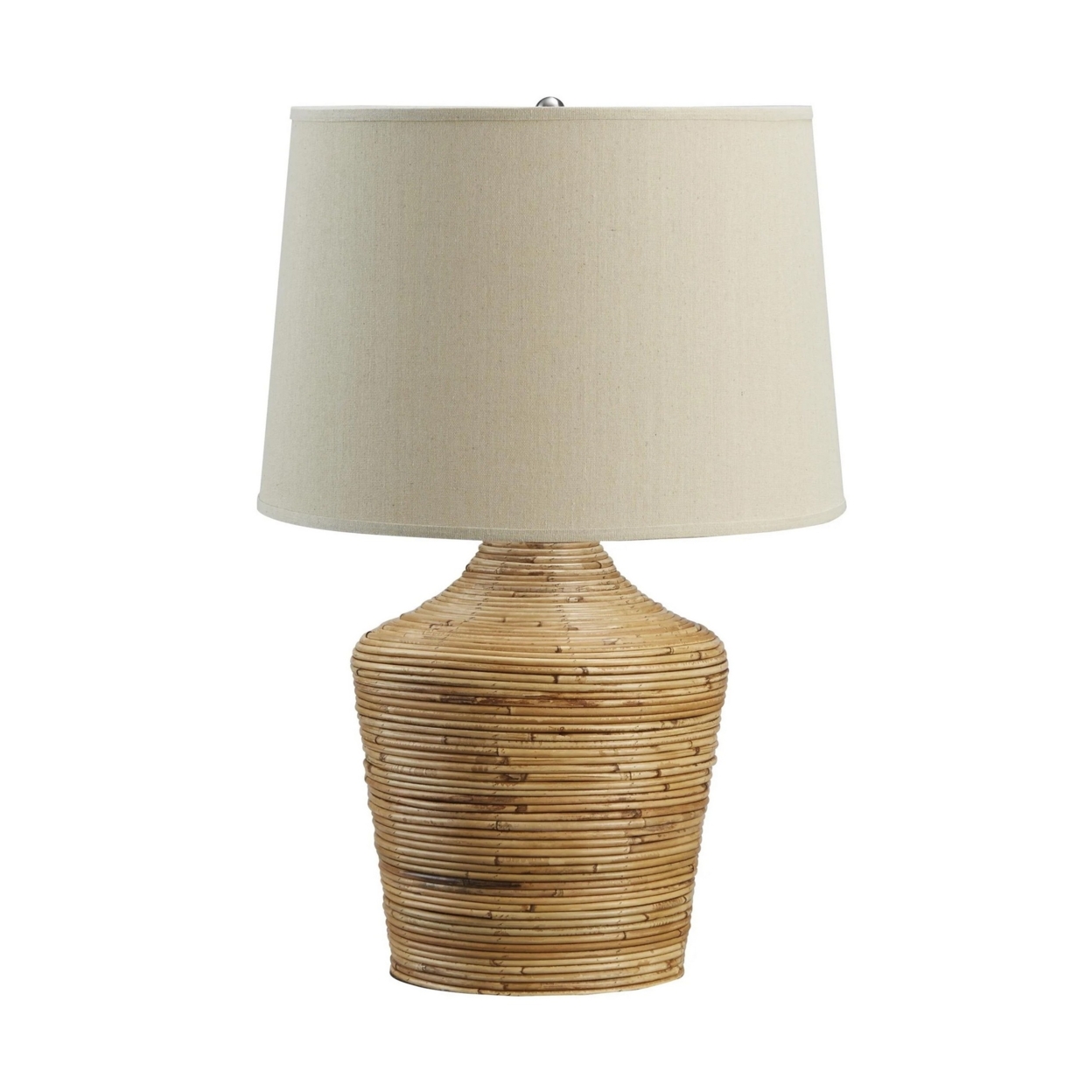 26 Inch Cottage Table Lamp, Metal And Rattan Base, White Fabric Drum Shade- Saltoro Sherpi