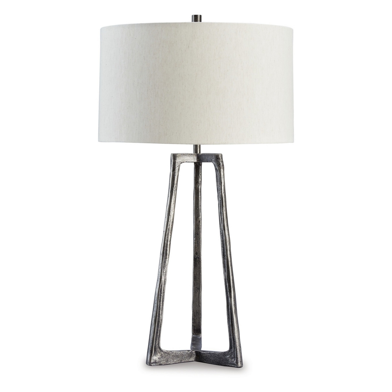 Nila 35 Inch Table Lamp, Pewter Gray Metal Base, 3 Way Switch, Drum Shade- Saltoro Sherpi