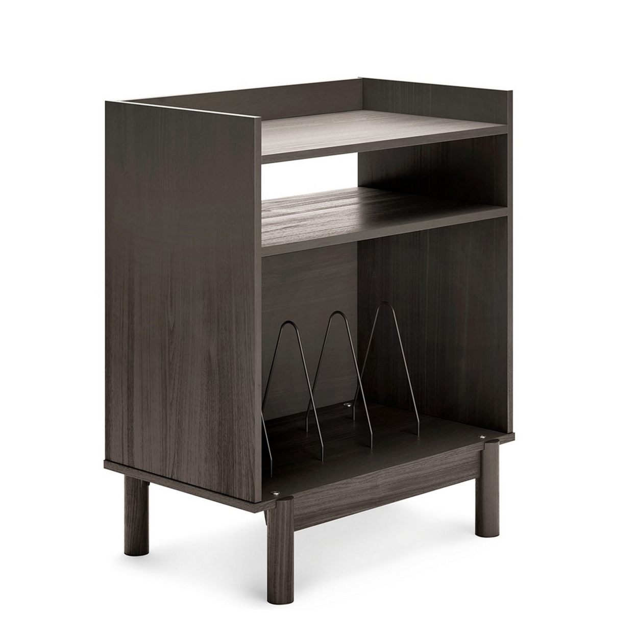 33 Inch Wood Turntable Accent Console, Open Shelves, Four Dividers, Gray- Saltoro Sherpi