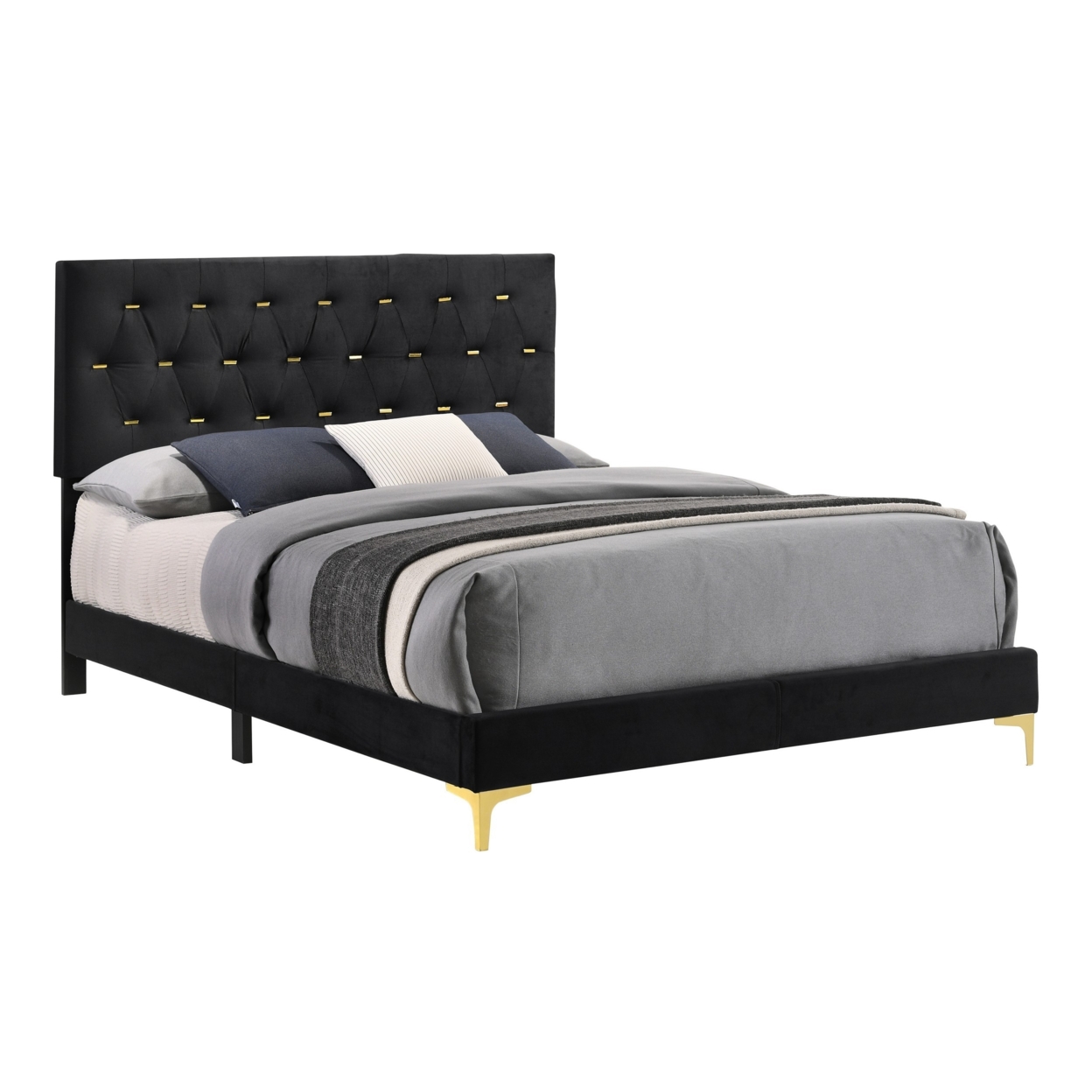 Lif Platform King Size Bed, Panel Tufted Headboard, Gold, Black Velvet- Saltoro Sherpi