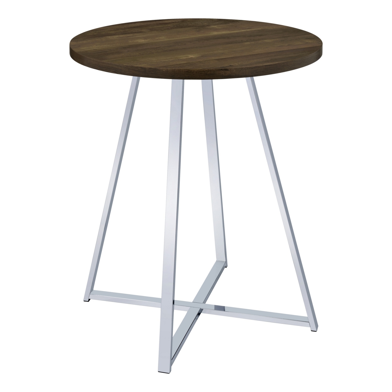 43 Inch Tall Modern Bar Table, Brown Round Top, Polished Chrome Flared Legs- Saltoro Sherpi