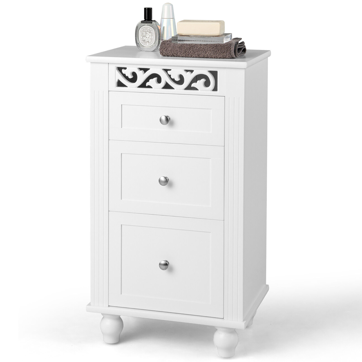 Bathroom Floor Cabinet Storage Organizer Nightstand Carved Design W/ 3 Drawers
