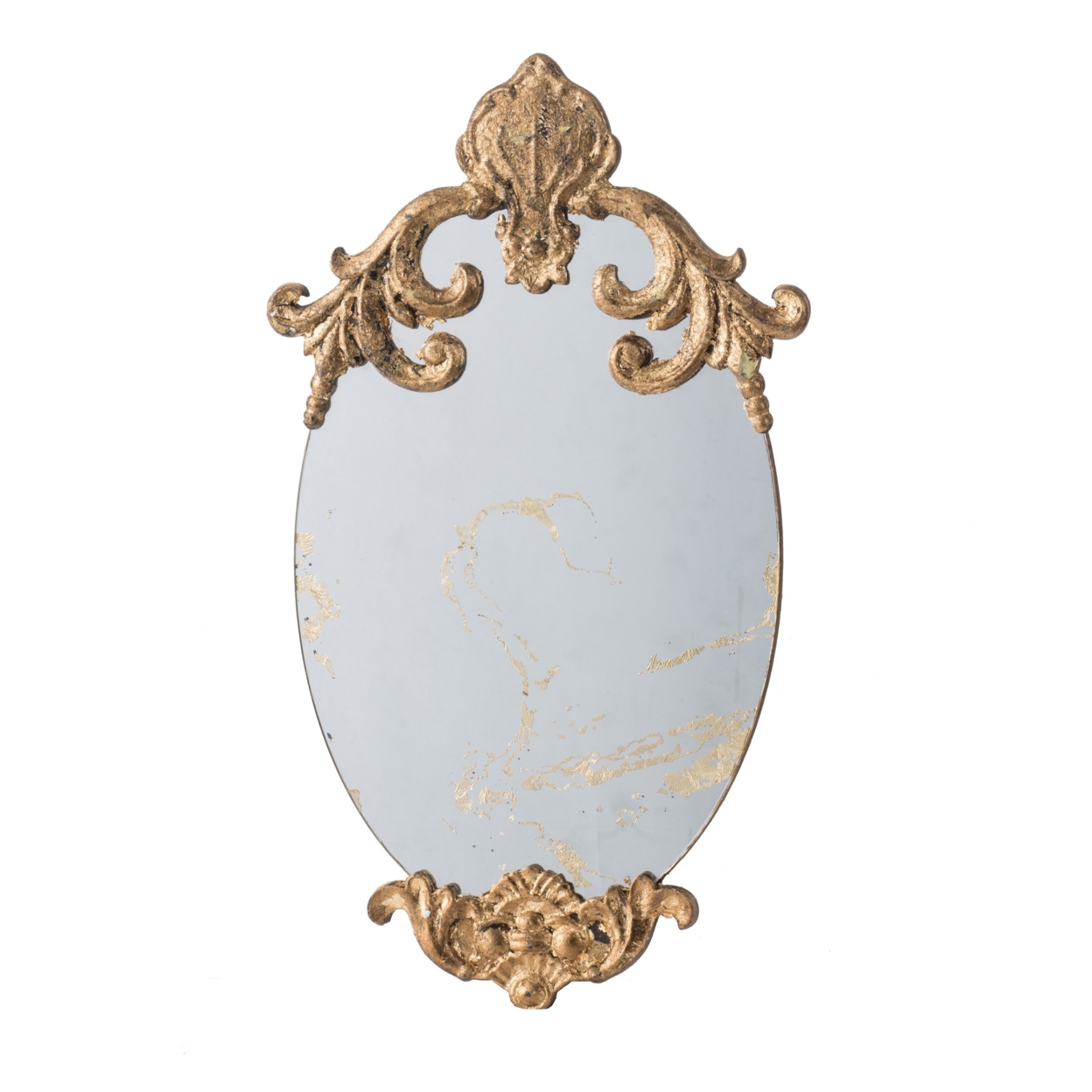 Vic 21 Inch Oval Wall Mirror, Ornate Scrolled Wood Frame, Antique Gold Finish- Saltoro Sherpi