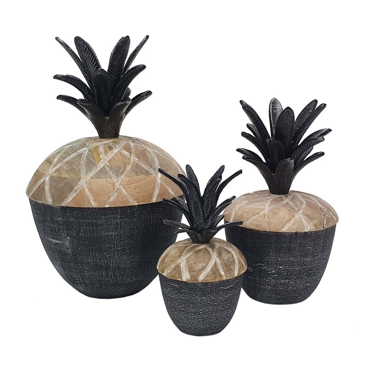 14, 12, 11 Inch Lidded Jar, Pineapple Design, Gray Mango Wood, Set Of 3- Saltoro Sherpi