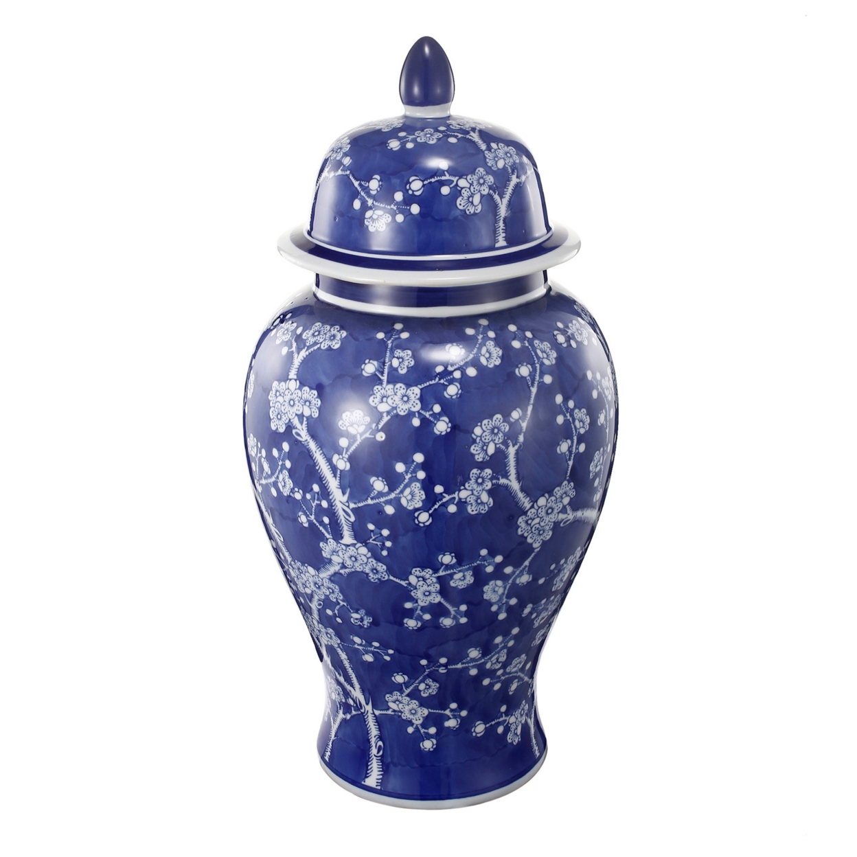 18 Inch Porcelain Ginger Jar, Finial Lid And Round Curved, Blue Flowers- Saltoro Sherpi