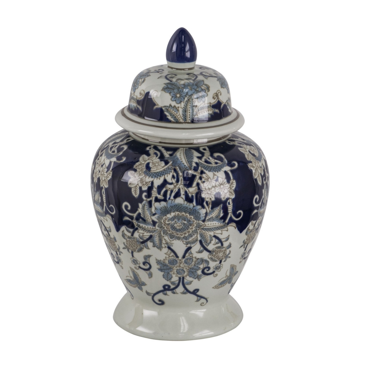 17 Inch Porcelain Ginger Jar With Lid, Vintage Blue And White Flower Design- Saltoro Sherpi