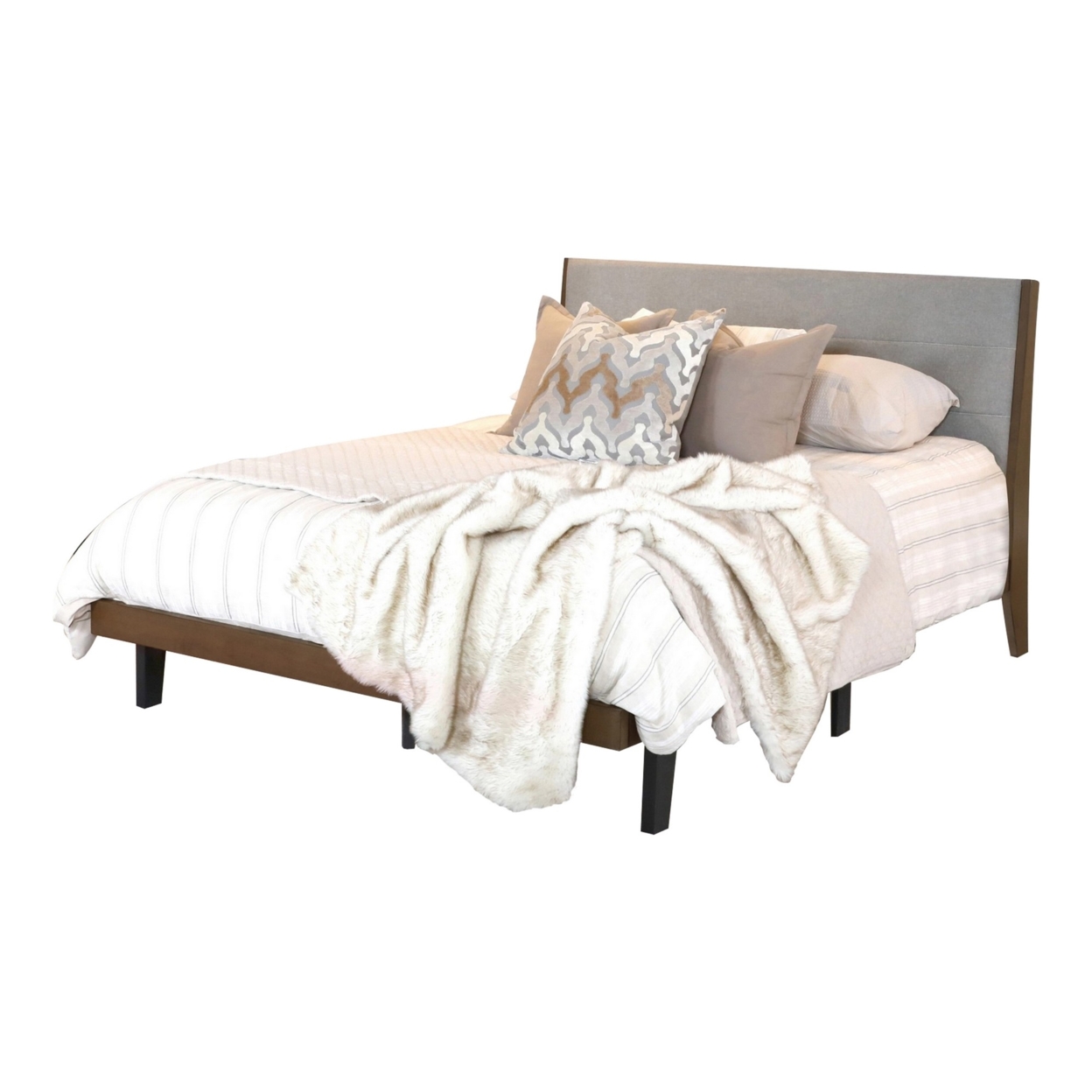Vee Queen Size Platform Bed, Modern Low Profile Angled Legs, Natural Brown- Saltoro Sherpi