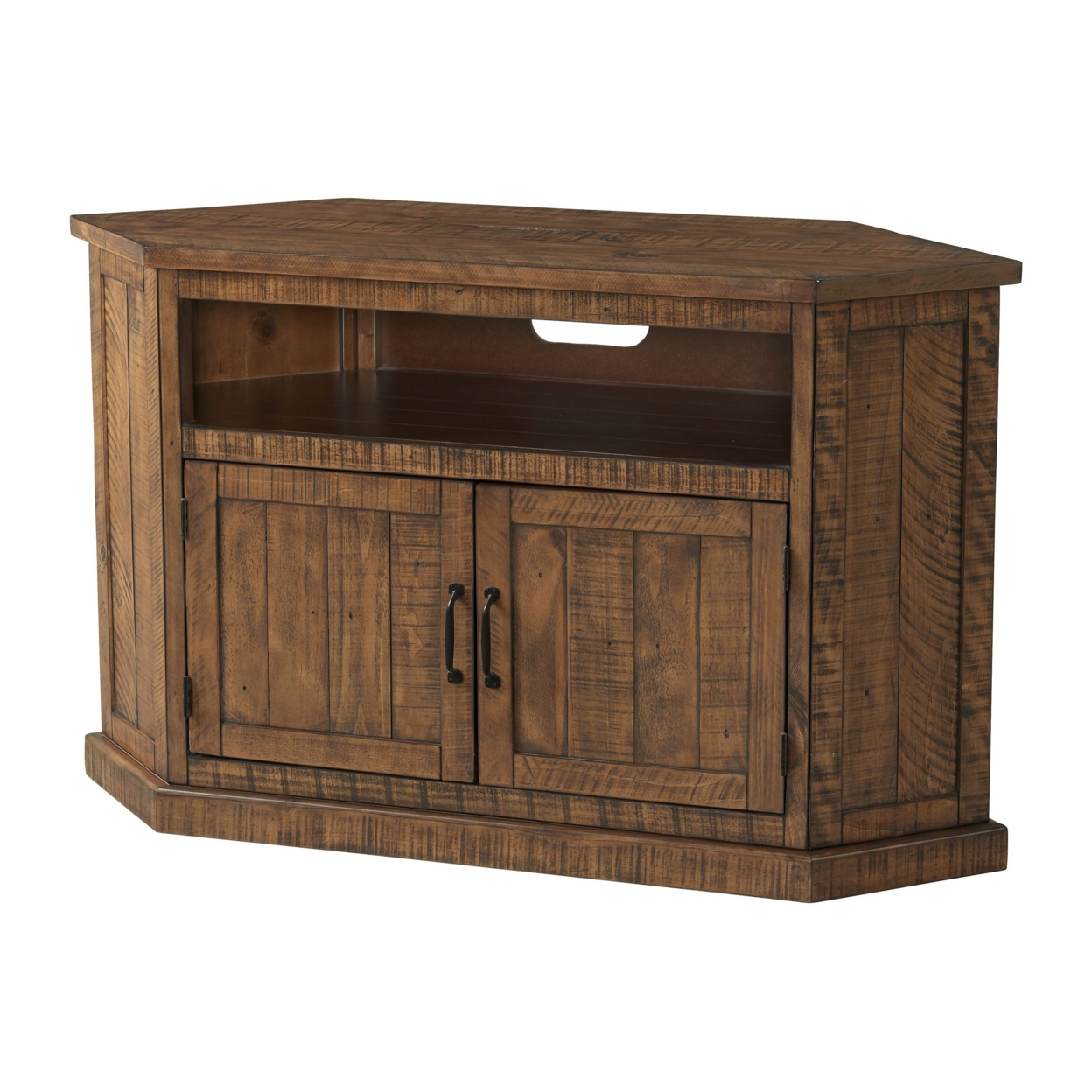 Alexa 50 Inch TV Corner Entertainment Console, Cubby, Cabinet, Brown Stained- Saltoro Sherpi