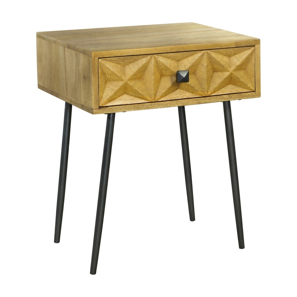 Piya 22 Inch 1 Drawer Accent Table, Retro Motif Front, Light Brown Wood- Saltoro Sherpi