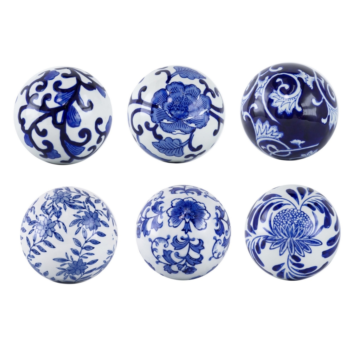 4 Inch Decorative Porcelain Stones, Blue And White Print, Set Of 6- Saltoro Sherpi
