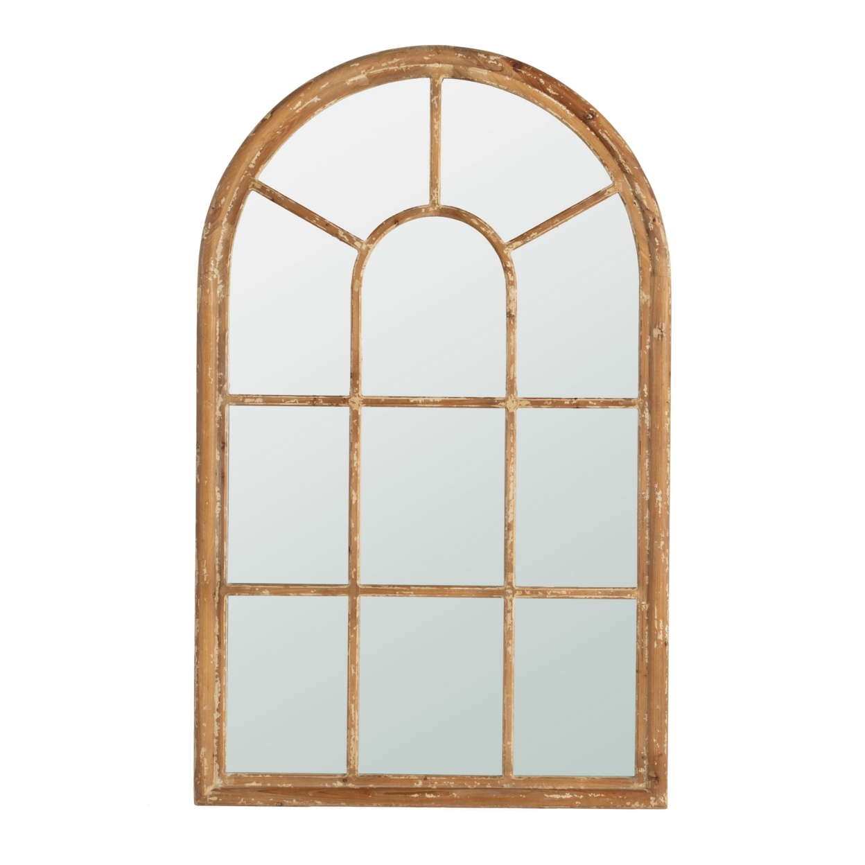 54 Inch Wall Mirror With Window Pane Design, Fir Wood, Distressed Brown- Saltoro Sherpi