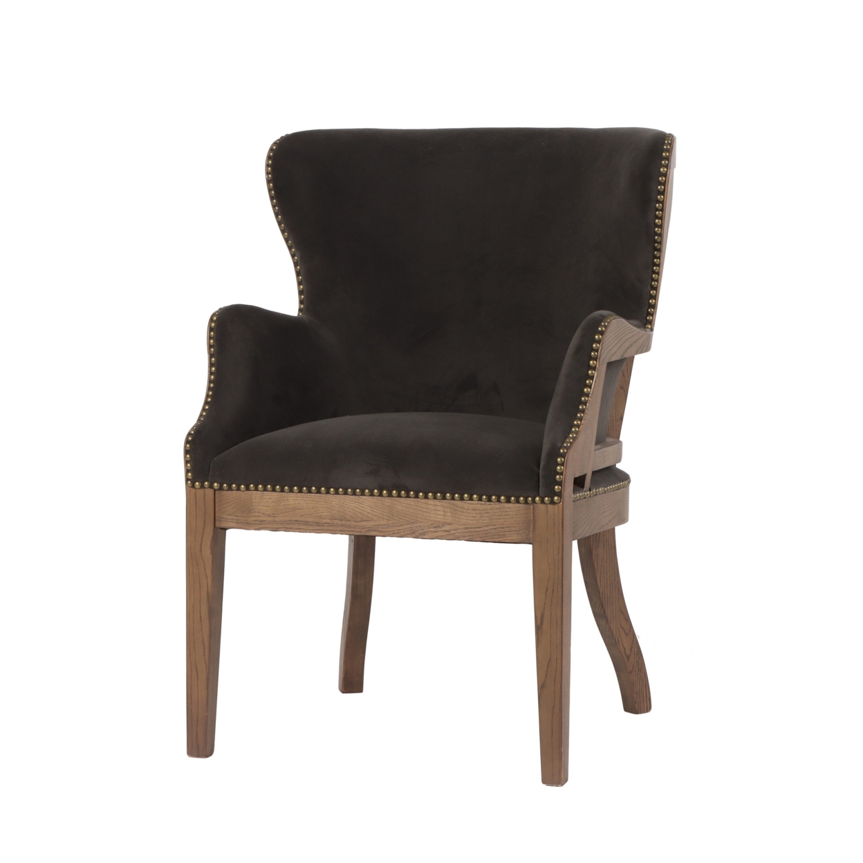 26 Inch Wingback Armchair, Fabric Upholstered, Birch Wood, Black, Brown- Saltoro Sherpi