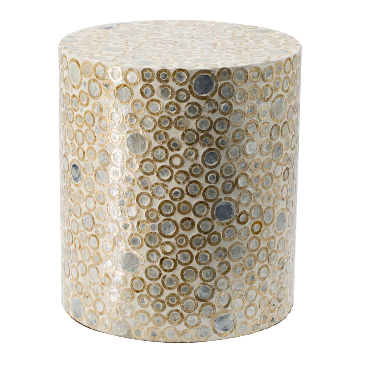16 Inch Cylindrical Luxury Accent Table Decorative Stool, Blue, Gold, White- Saltoro Sherpi