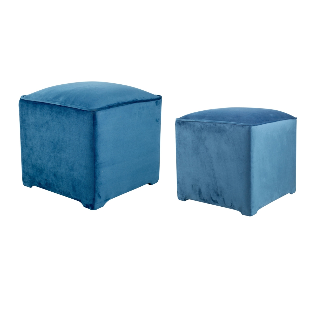 Modern Accent Stool, Cube Design, Wood Frame, Blue Velvet Fabric, Set Of 2- Saltoro Sherpi