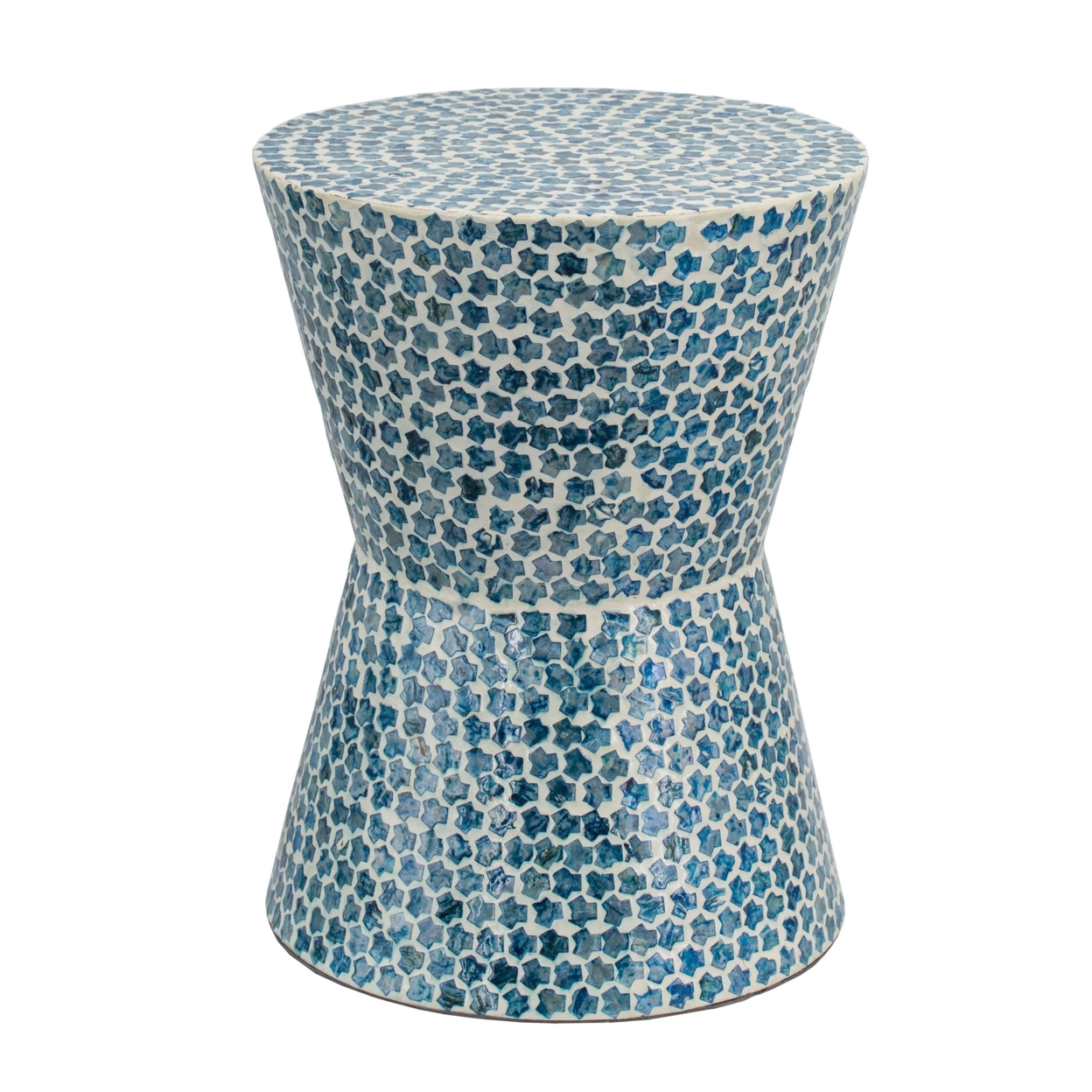 Ivy 20 Inch Luxury Accent Table Stool, Mosaic Tile Pattern, White, Blue- Saltoro Sherpi