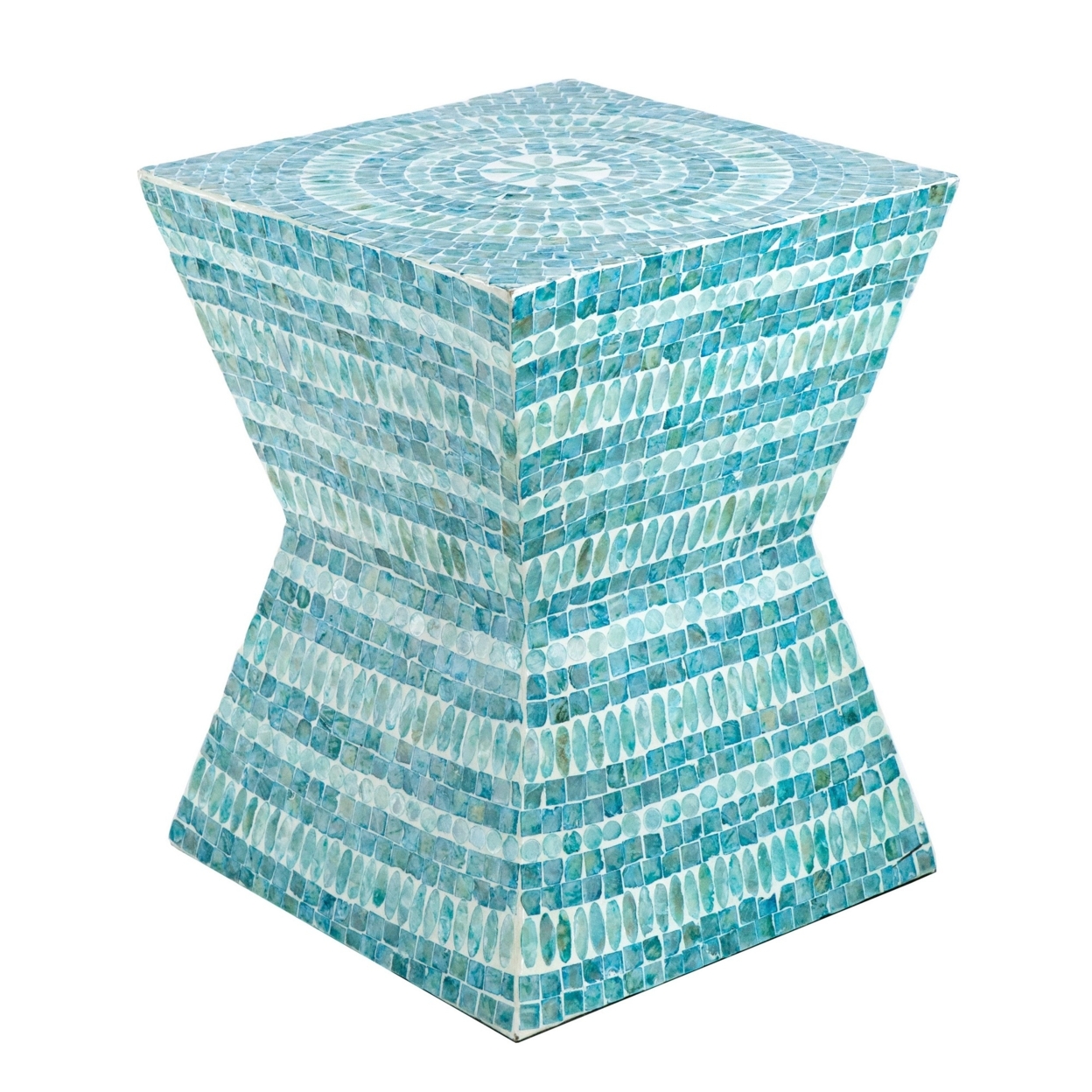 14 Inch Capiz Accent Table Stool, Blue Mosaic Geometric Hourglass Shape- Saltoro Sherpi