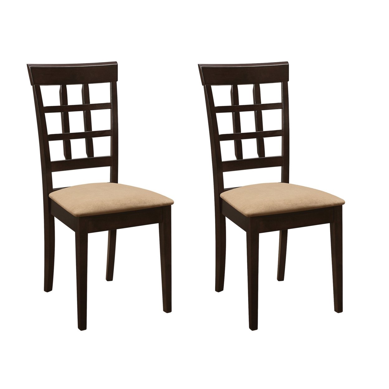 17 Inch Side Dining Chair, Set Of 2, Lattice Back Brown Wood, Tan Fabric- Saltoro Sherpi