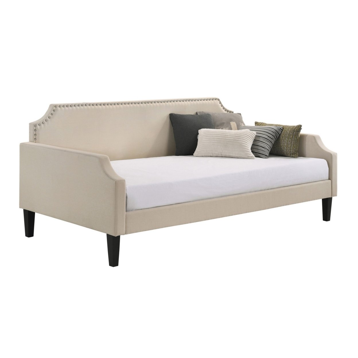 Pif Twin Daybed With Sleek Nailhead Trim, Taupe Brown Fabric Upholstery- Saltoro Sherpi