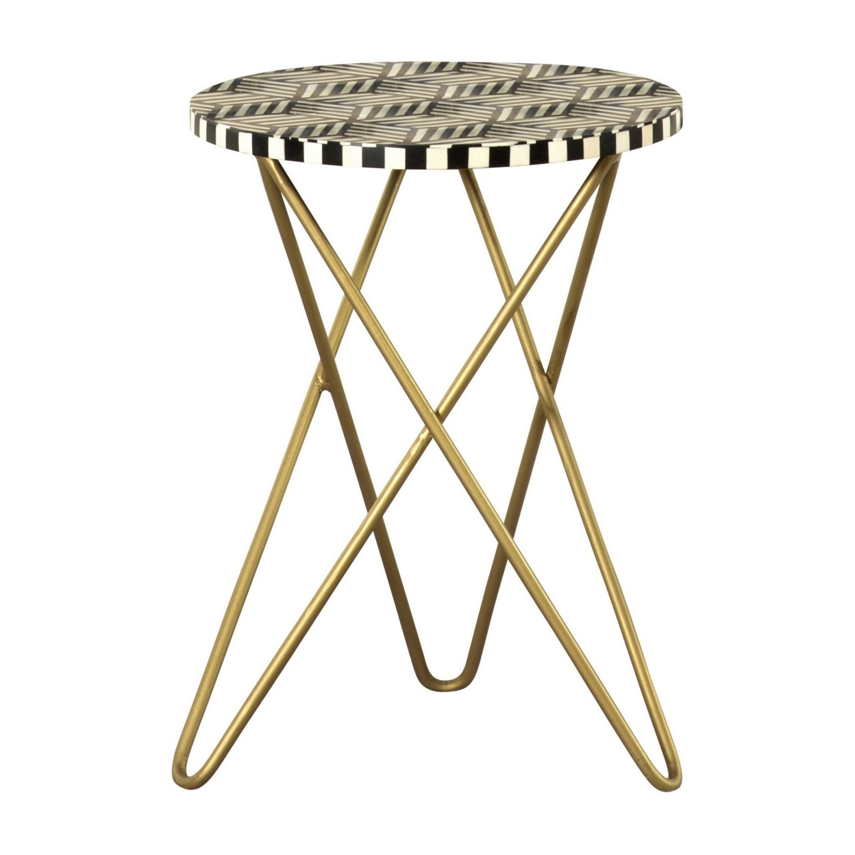 22 Inch Modern Round Accent Table, Black And White Inlay Top, Gold Legs- Saltoro Sherpi