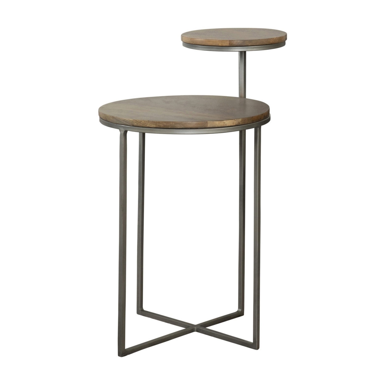 29 Inch Modern Round Accent Table, 2 Tier Brown Wood Tops, Gray Metal Base- Saltoro Sherpi