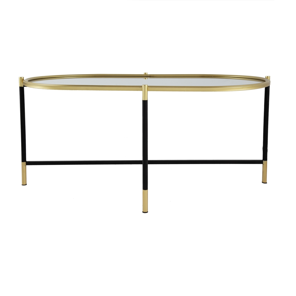 43 Inch Elongated Mirror Top Coffee Table, Iron Frame, Gold Finish, Black- Saltoro Sherpi