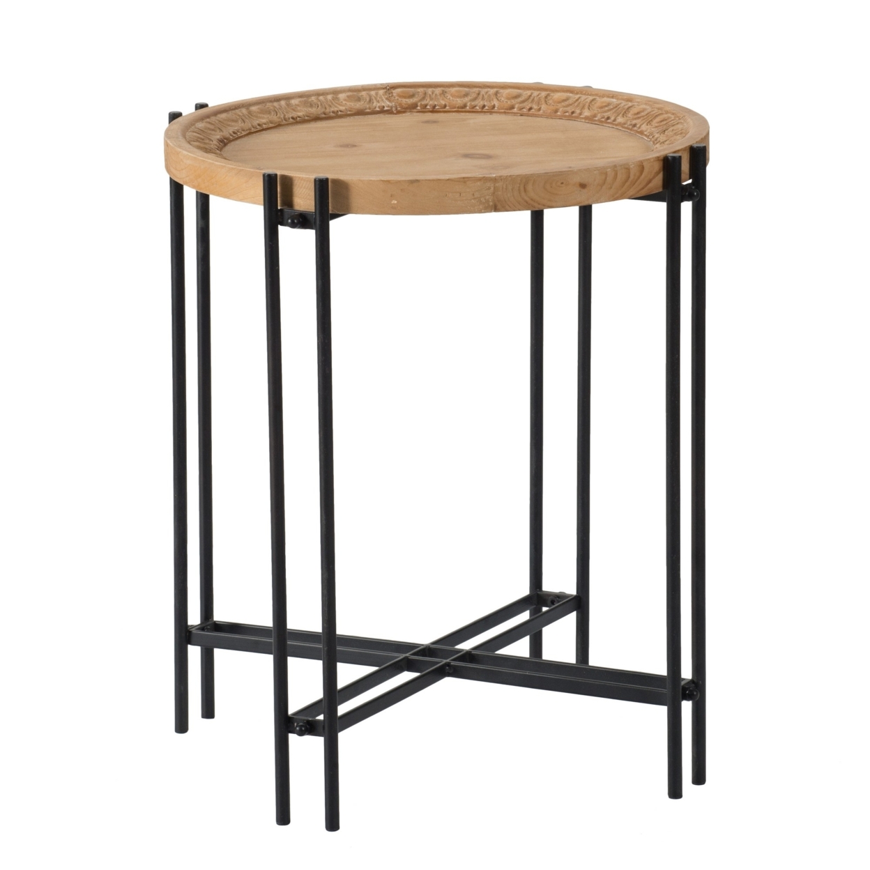 24 Inch Side Table, Modern, Round Tabletop, Carved Wood, Iron Frame, Brown- Saltoro Sherpi