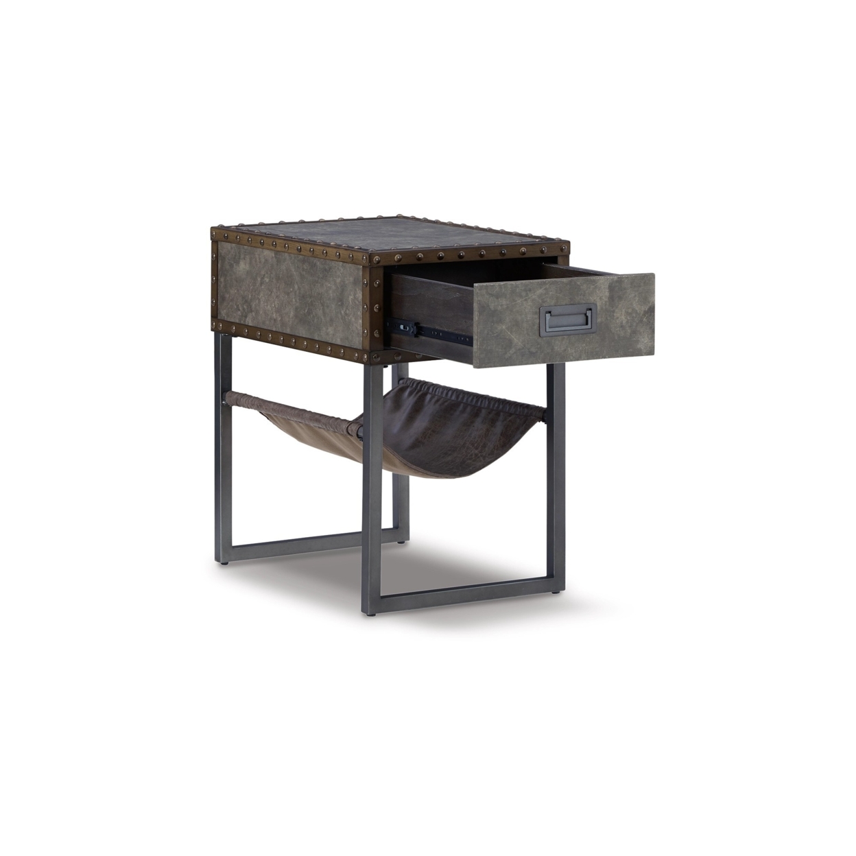 Grit 24 Inch Metal Side End Table, Single Drawer, Hanging Basket, Brown- Saltoro Sherpi