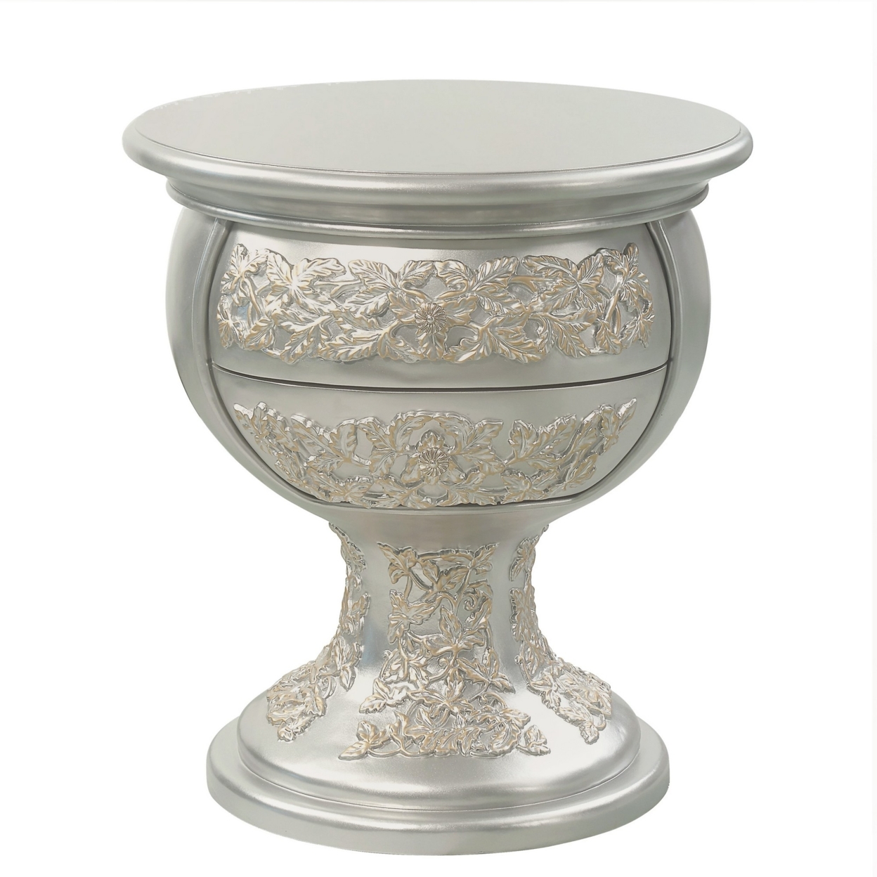 Deneb 30 Inch Luxury Round Nightstand, Gold Floral Motifs, Vintage Silver- Saltoro Sherpi