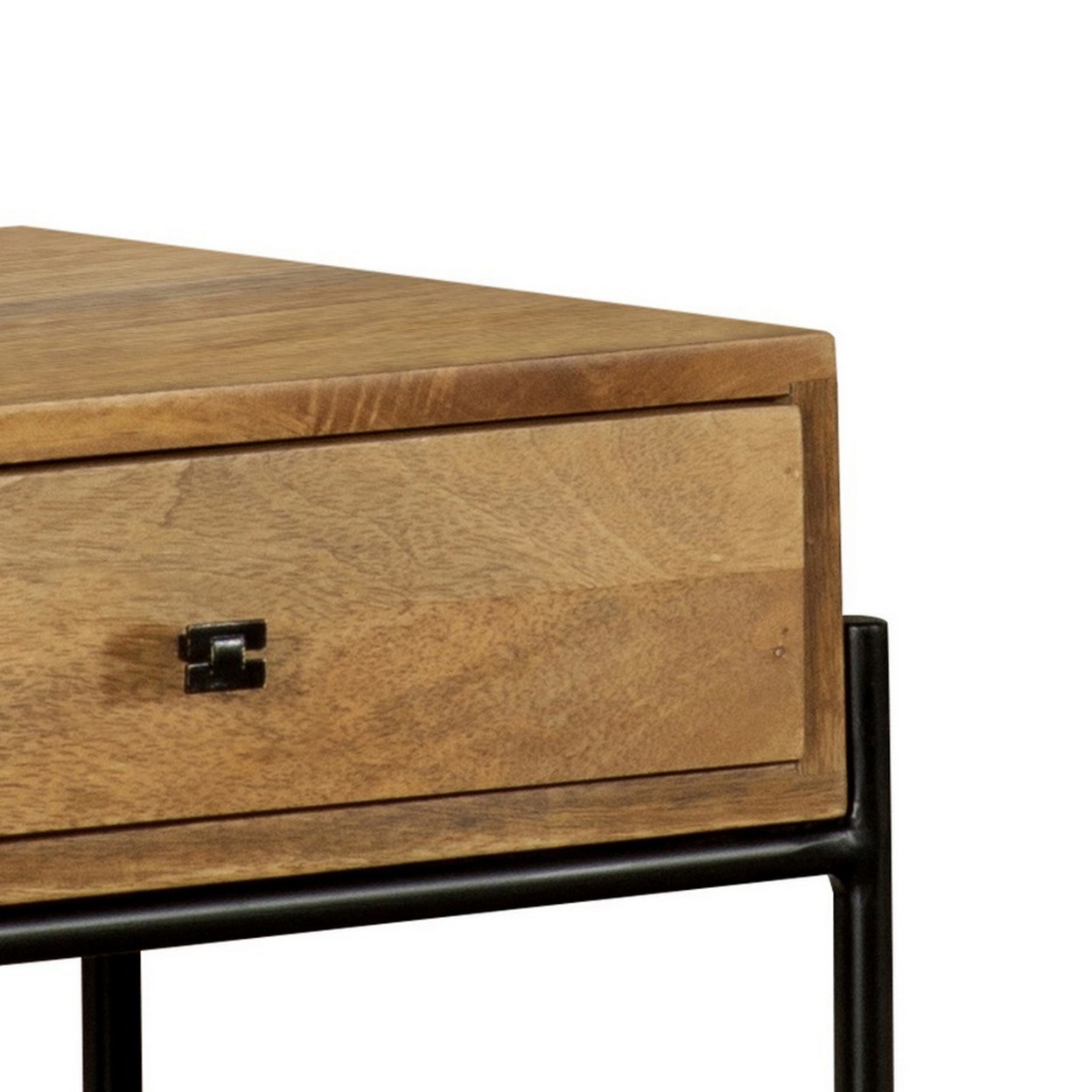 22 Inch 1 Drawer Accent Table, Open Shelf, Black Iron Frame, Natural Brown- Saltoro Sherpi