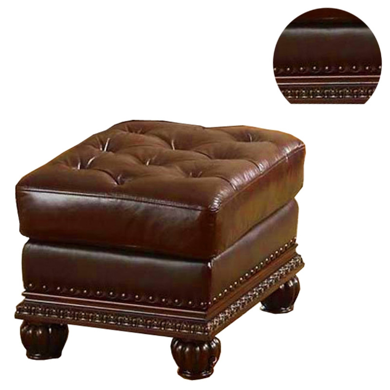 Faux Leather Upholstered Ottoman With Nail Head Trim Detail, Espresso Brown- Saltoro Sherpi