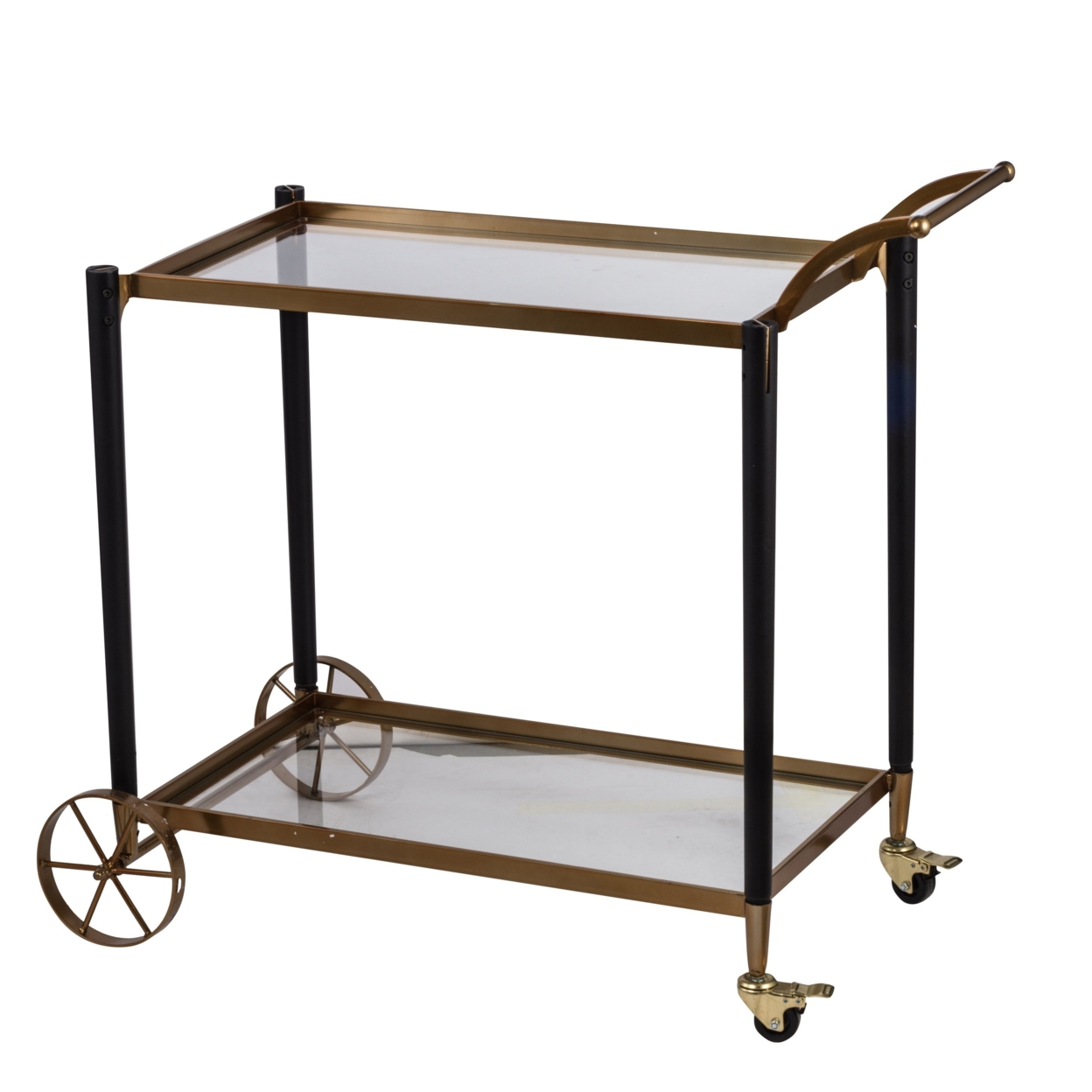 36 Inch Serving Cart, Metal And Fir Wood, 2 Tier Glass Shelves, Gold, Black- Saltoro Sherpi