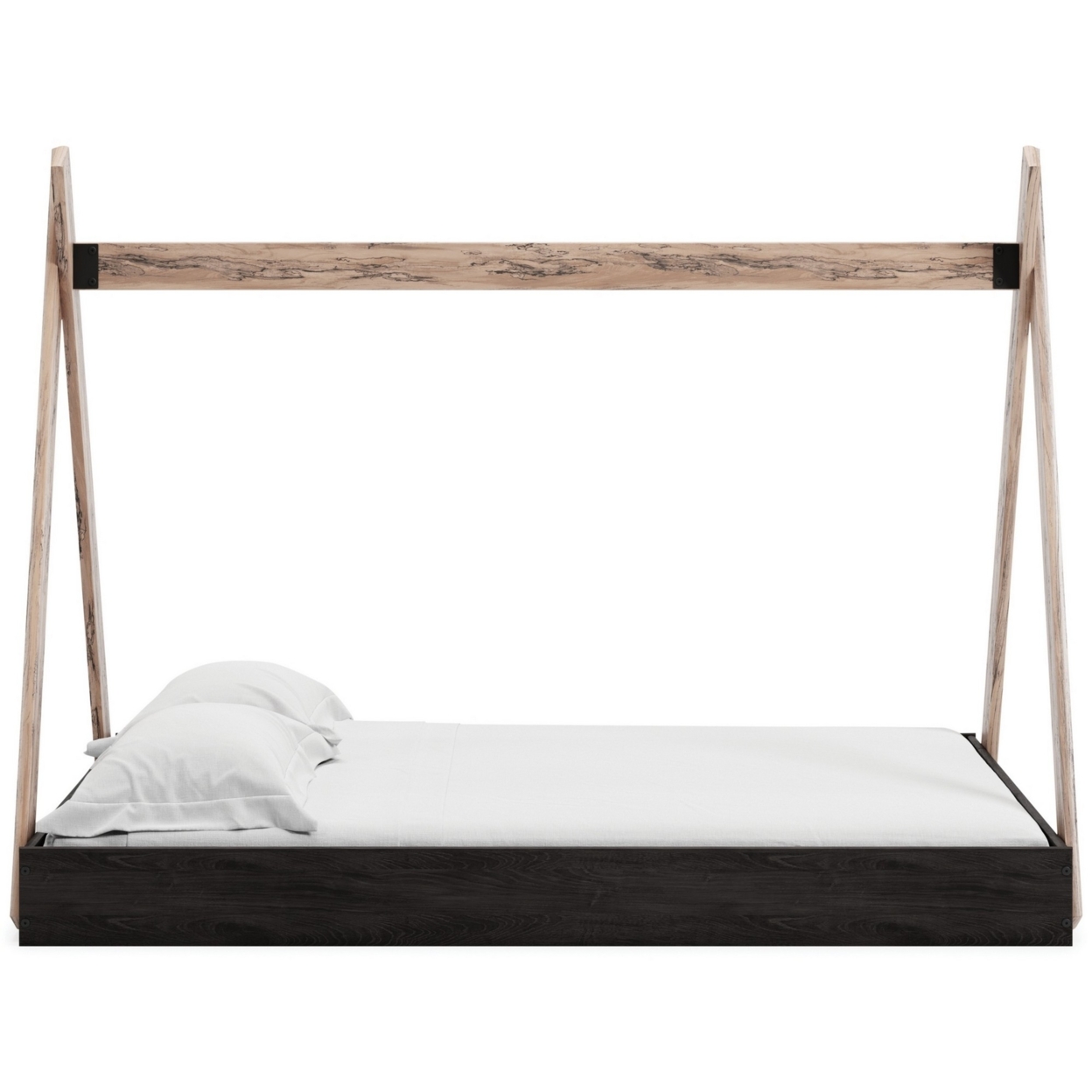 Pipa Modern Full Bed, Crossed Wood A Frame Tent Stand, Jet Black Base- Saltoro Sherpi