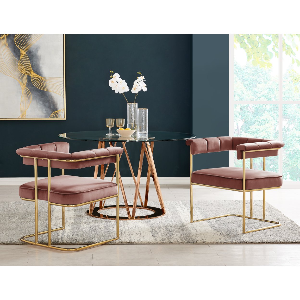 Iconic Home Pierce Dining Side Chair Velvet Upholstery Gold Plated (1 Piece) - Blush