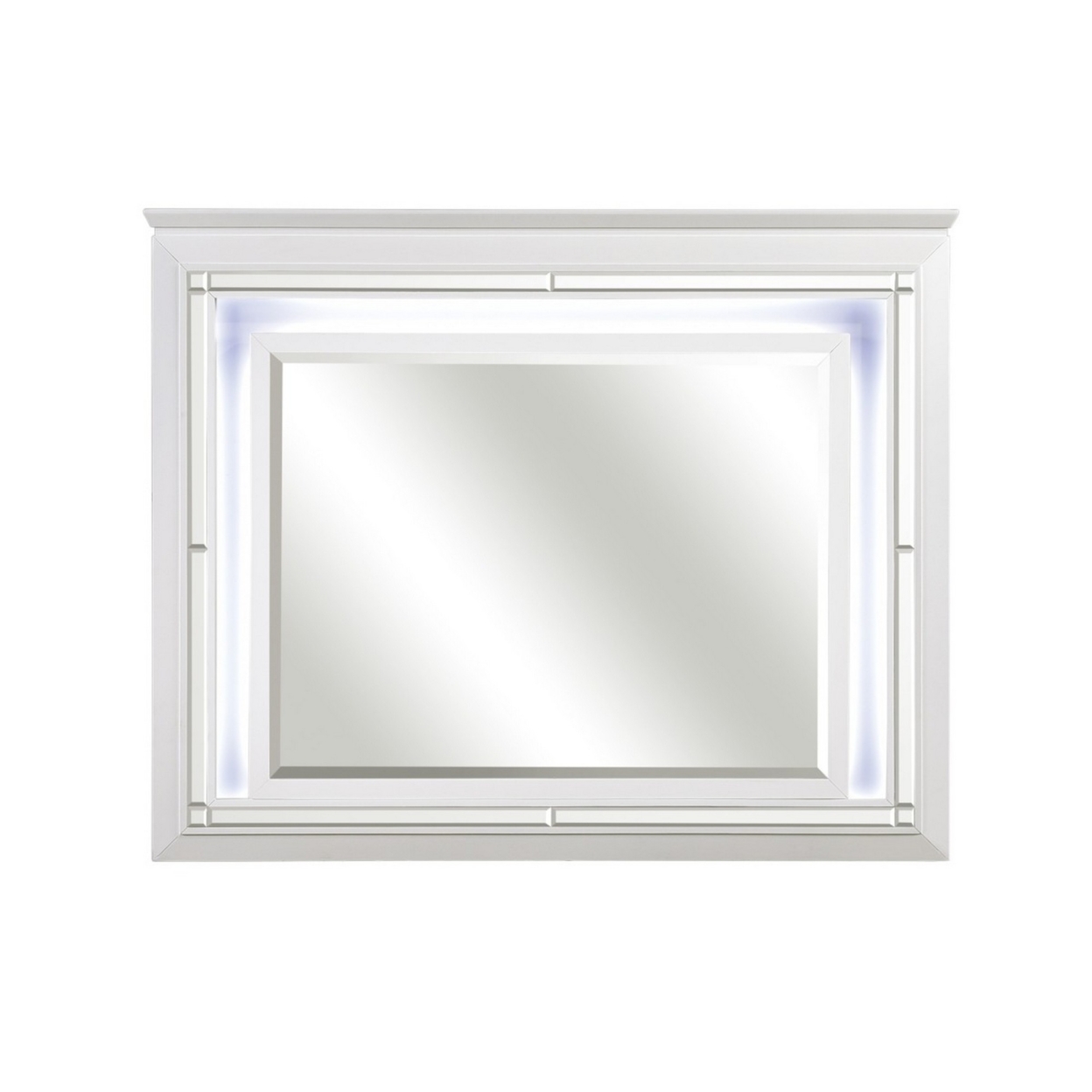 Noah 47 Inch Contemporary Mirror, Beveled Mirror And LED Backlight, White- Saltoro Sherpi