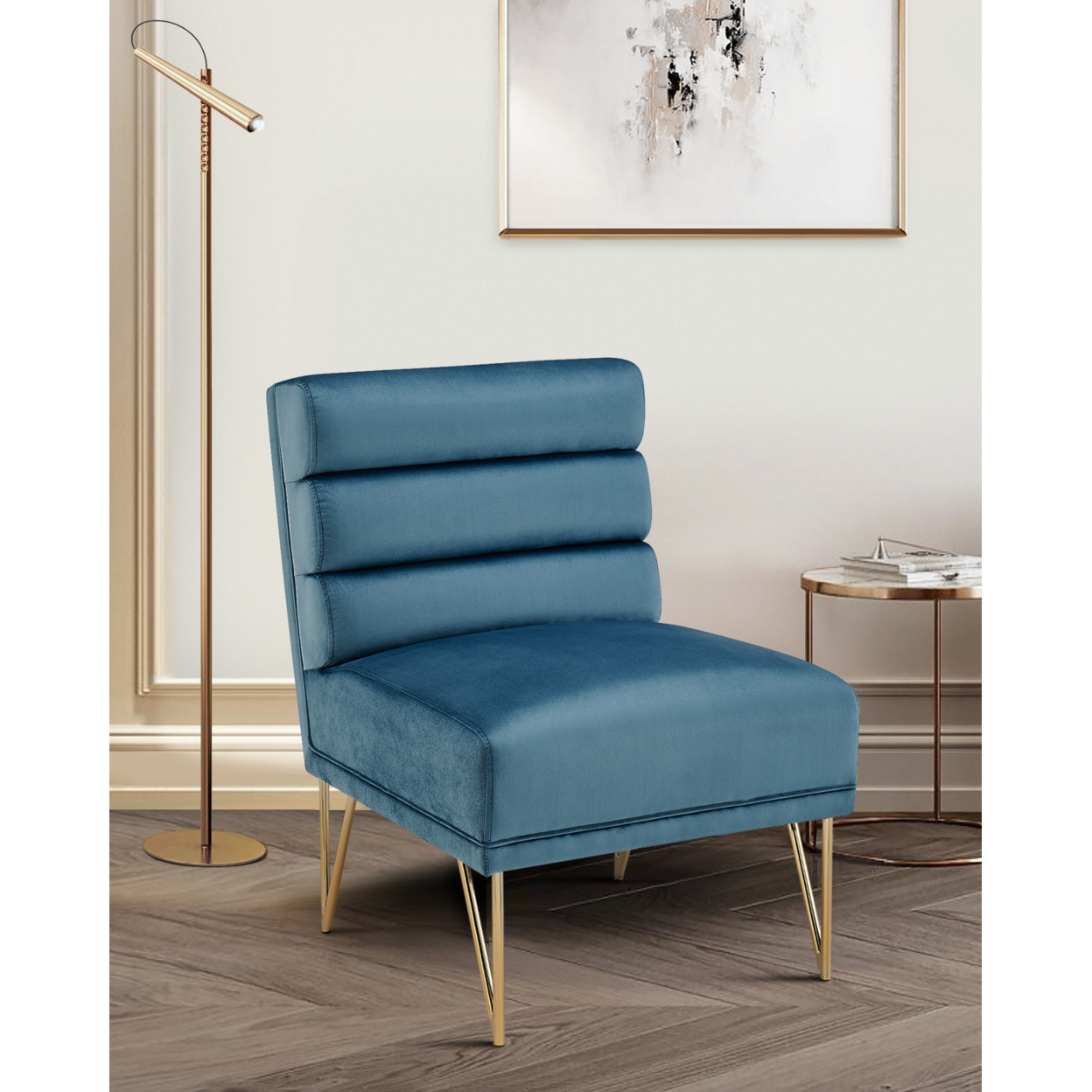 Iconic Home Karli Slipper Accent Chair Velvet Upholstered Tufted Horizontal Tufted Channel Quilted Seat - Blue