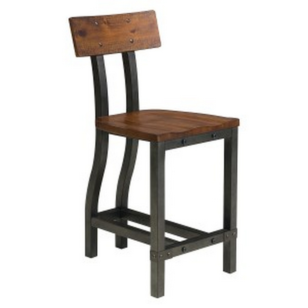 Fanny 24 Inch Counter Stool Chair, Plank Back, Faux Rivets, Rustic Brown- Saltoro Sherpi