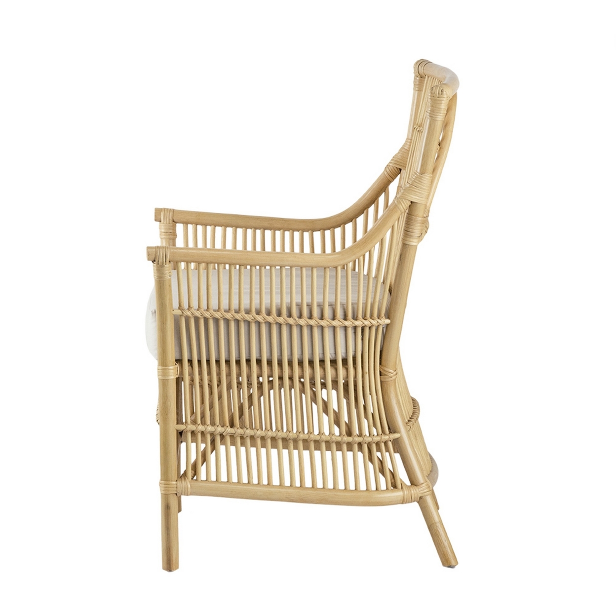 23 Inch Rattan Dining Armchair, White Fabric Padded Seat, Natural Brown- Saltoro Sherpi