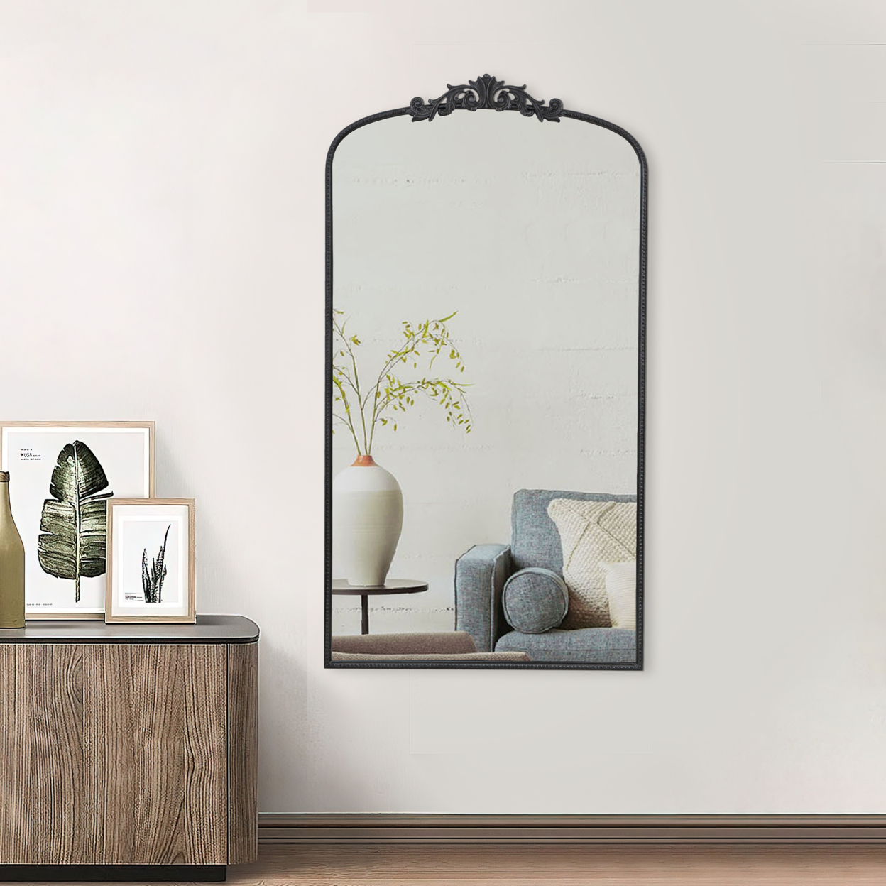 Kea 66 Inch Wall Mirror, Black Curved Metal Frame, Ornate Baroque Design- Saltoro Sherpi