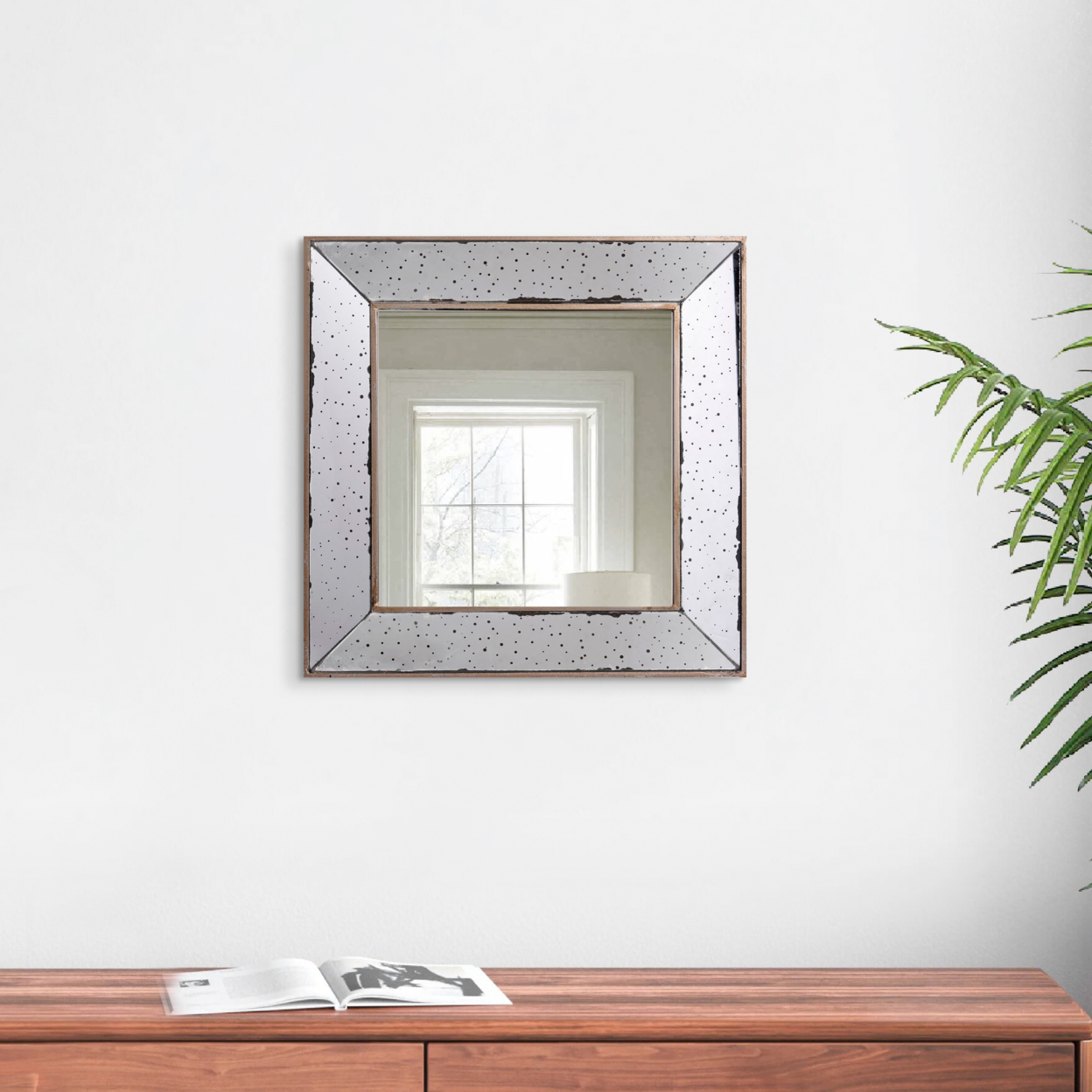 Filo 18 Inch Square Wall Accent Mirror, Raised Tray Edges, Mirrored Frame- Saltoro Sherpi