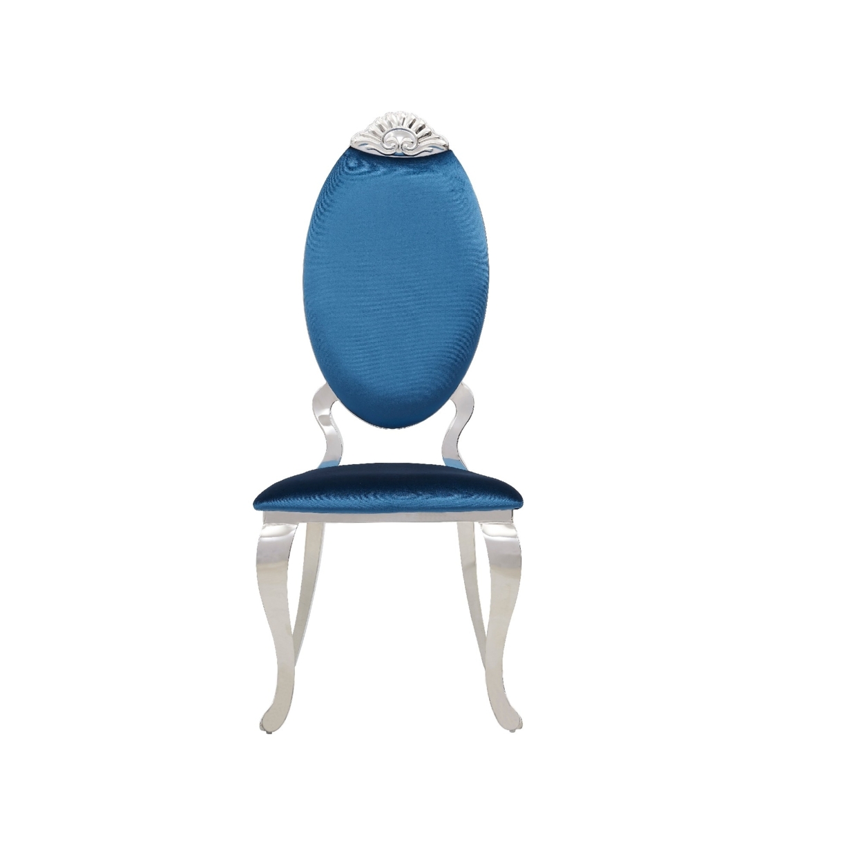 47 Inch Metal Dining Chair With Velvet Seat And Medallion Carving, Blue- Saltoro Sherpi