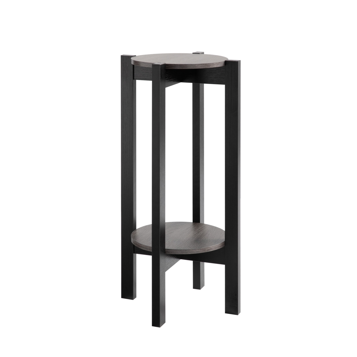 32 Inch Modern Plant Stand With Two Round Shelves, Distressed Gray, Black- Saltoro Sherpi