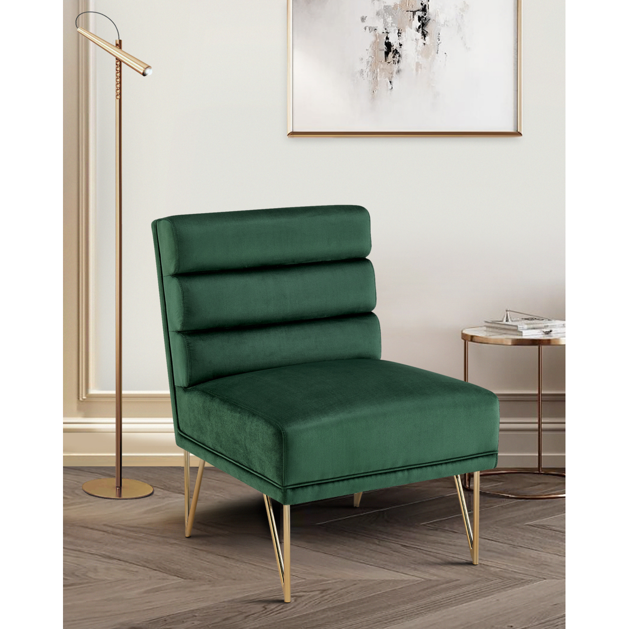Iconic Home Karli Slipper Accent Chair Velvet Upholstered Tufted Horizontal Tufted Channel Quilted Seat - Green