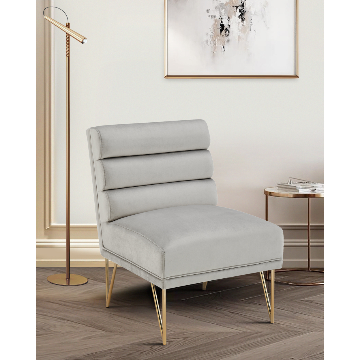Iconic Home Karli Slipper Accent Chair Velvet Upholstered Tufted Horizontal Tufted Channel Quilted Seat - Grey