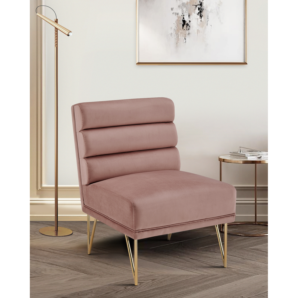 Iconic Home Karli Slipper Accent Chair Velvet Upholstered Tufted Horizontal Tufted Channel Quilted Seat - Blush