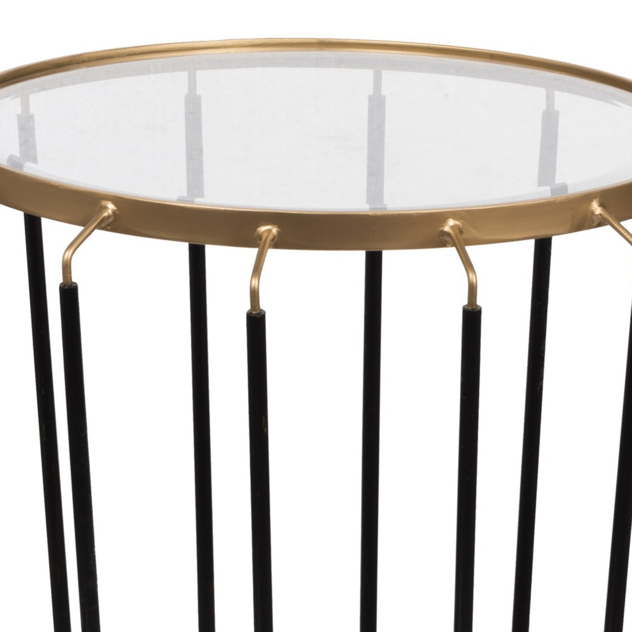 22 Inch Modern Iron Accent End Table, Cage Pattern, Glass Top, Gold, Black- Saltoro Sherpi