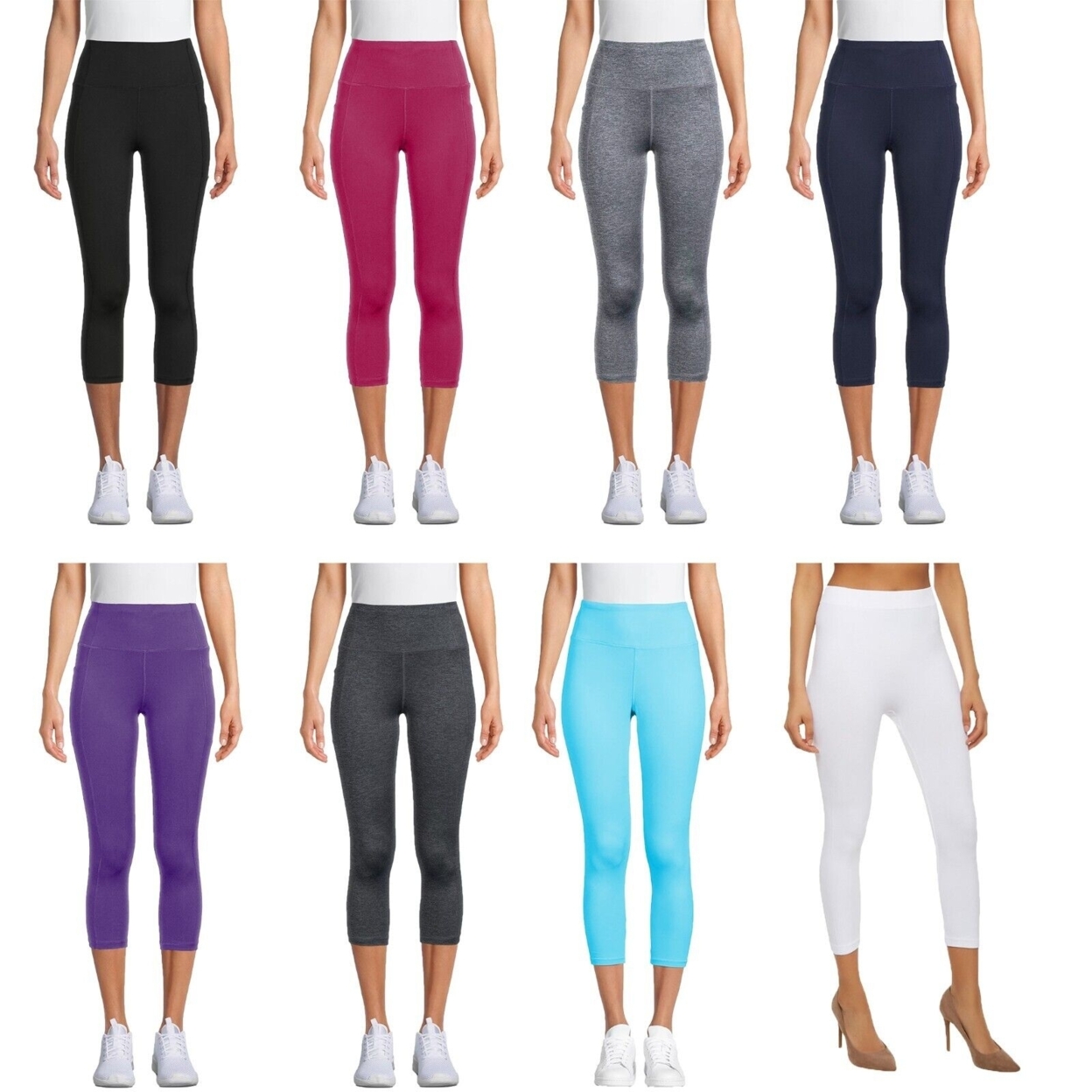 6-Pk Women's High Waisted Capri Leggings Basic Soft Stretchy Active And Casual Wear Tummy Control Solid Tights, Workout, Gym, Elastic Waist