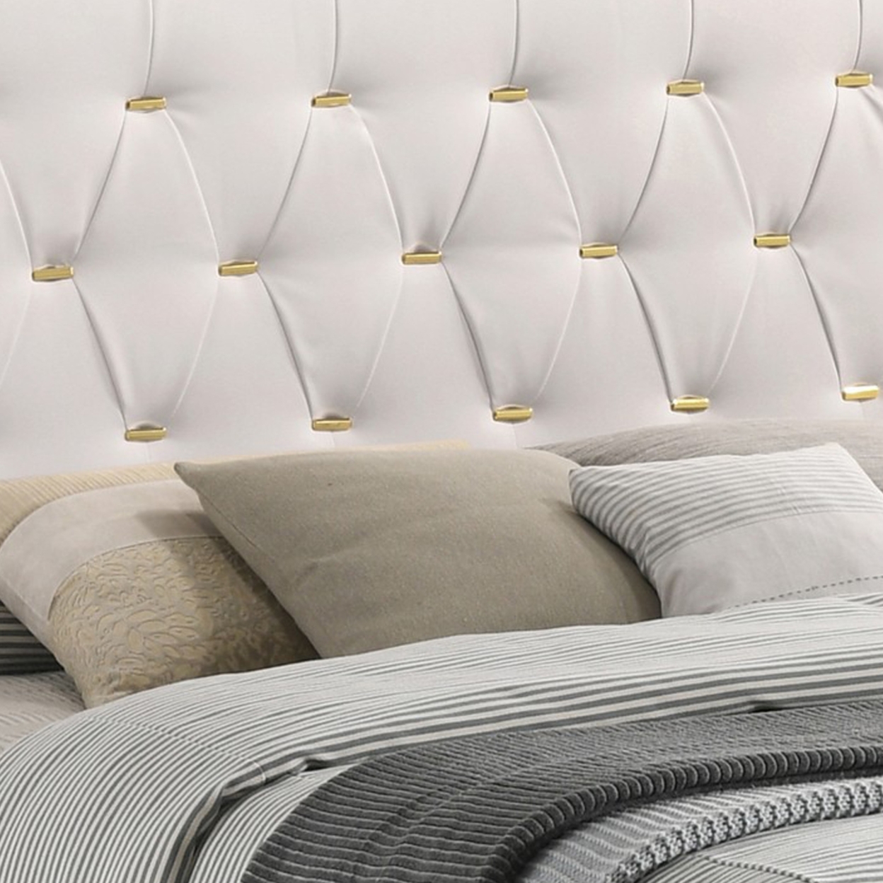 Lif Platform California King Size Bed, Tufted Headboard, Gold, White Velvet- Saltoro Sherpi