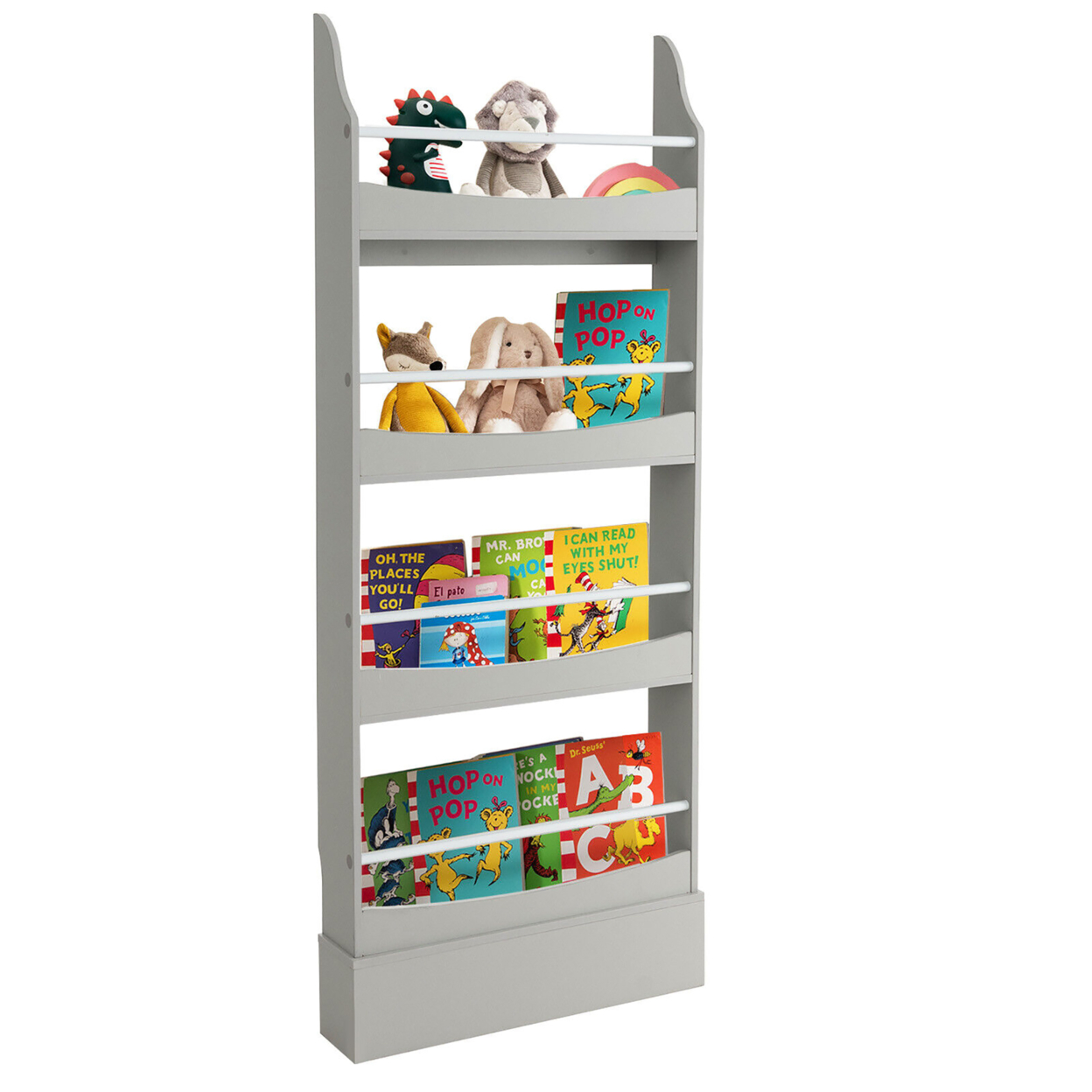 4-Tier Kids Bookshelf Toy Storage Bookcase Rack Wall W/ Anti-toppling Kits - Grey