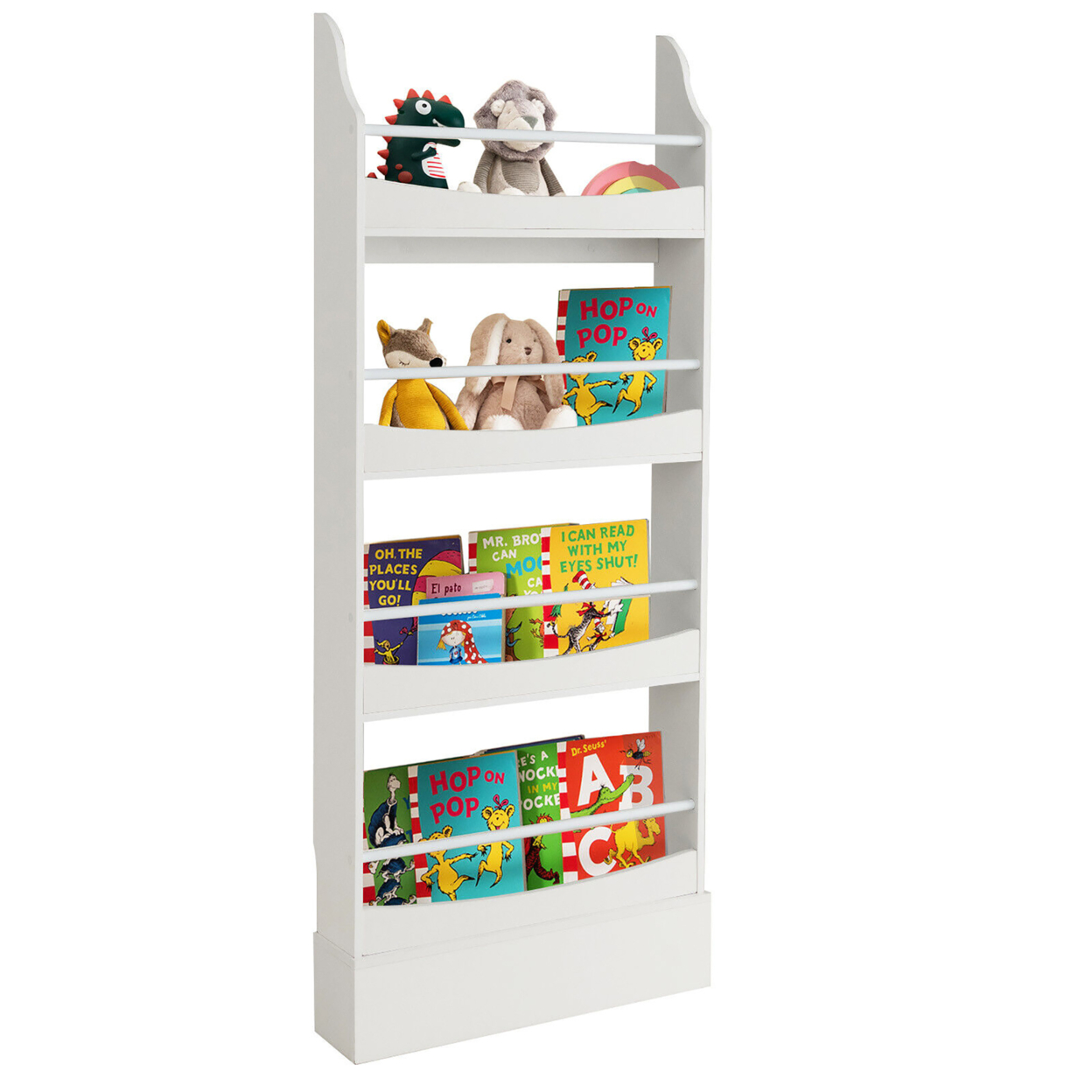 4-Tier Kids Bookshelf Toy Storage Bookcase Rack Wall W/ Anti-toppling Kits - White